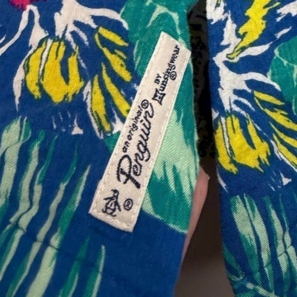 Original Penguin Button Down Mens Large Blue Floral Tropical Hibiscus Shirt - Picture 3 of 7
